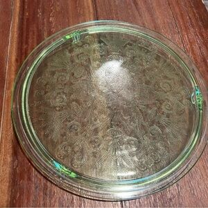 Green Cake Plate Vintage Jeanette Glass Wheat & Scroll Pattern